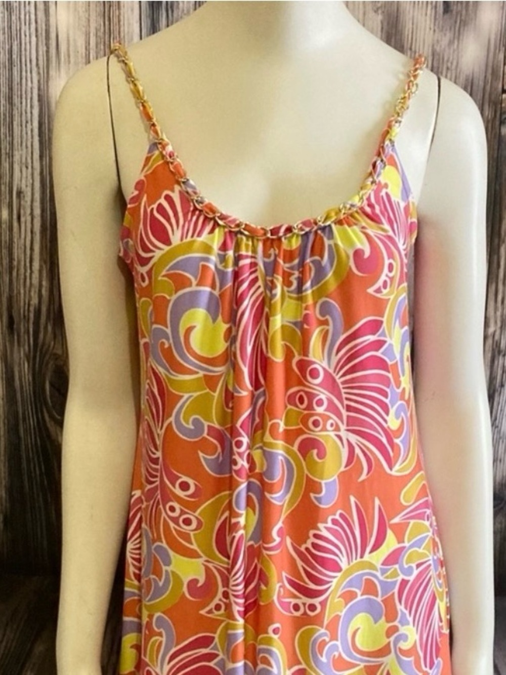 MSK Retro Psychedelic Print Shift Dress Chain Strap Pink Orange Small - Picture 8 of 14